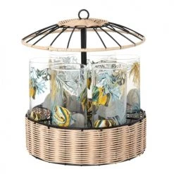 Maisons Du Monde Verres à Eau Chopes En Verre (x6) Motifs Poissons Jaunes, Verts Et Turquoise Support En Rotin Façon Paillotte