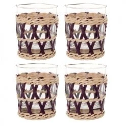 Maisons Du Monde Verres à Eau Gobelet En Verre Et Fibre Végétale Tressée Mauve Et Beige - Lot De 4
