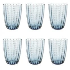 Maisons Du Monde Verres à Eau Gobelet En Verre Teinté Bleu Gris Motifs Traits Blancs - Lot De 6