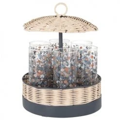 Maisons Du Monde Verres à Eau Verres (x6) En Verre Transparent Motif Floral Bleu Gris Et Rose Support Façon Paillotte En Rotin